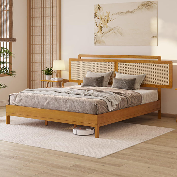 Neil king platform bed frame, featuring teak brown finish, for mattress placement