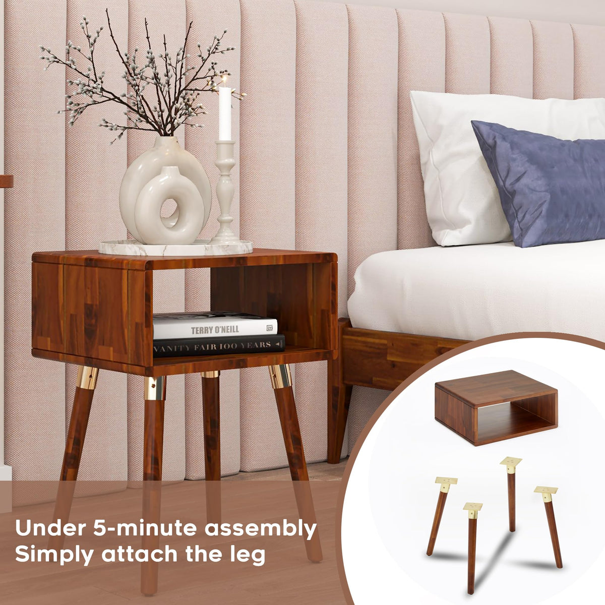 Dinkee nightstand with dark chocolate finish and bedside storage; for bedside essentials