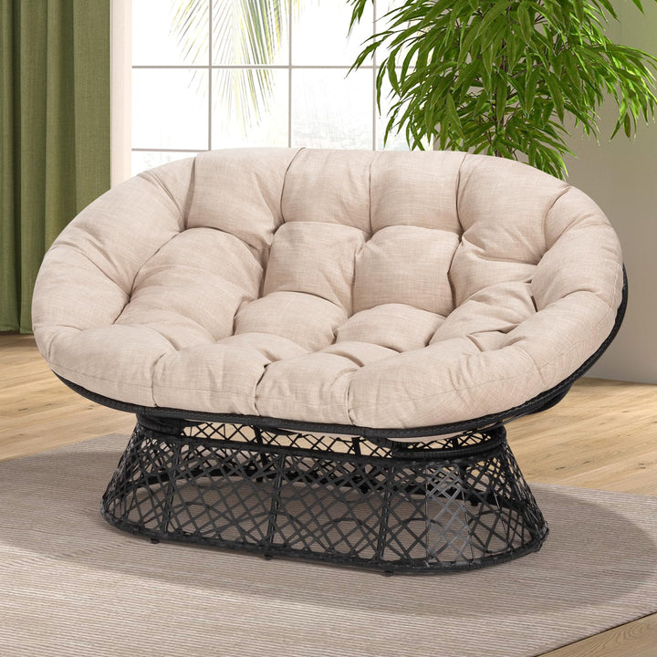 Metal double papasan chair with black cushion, black frame, and double-seat design for indoor lounge seating