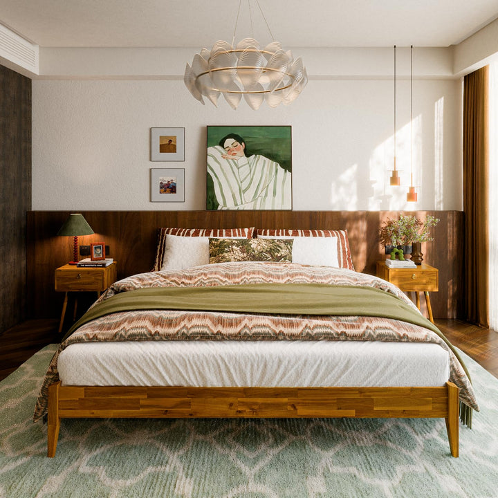Dinkee king platform bed frame with headboard- design and caramel finish for bedroom setup