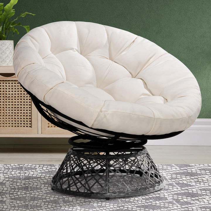 Bee papasan chair with smoky quartz cushion and brown frame for indoor lounge seating