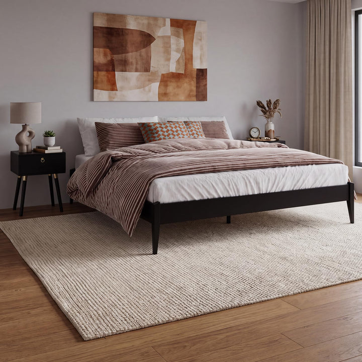 Dinkee king platform bed frame, featuring headboard- design and black finish, for daily bedroom use