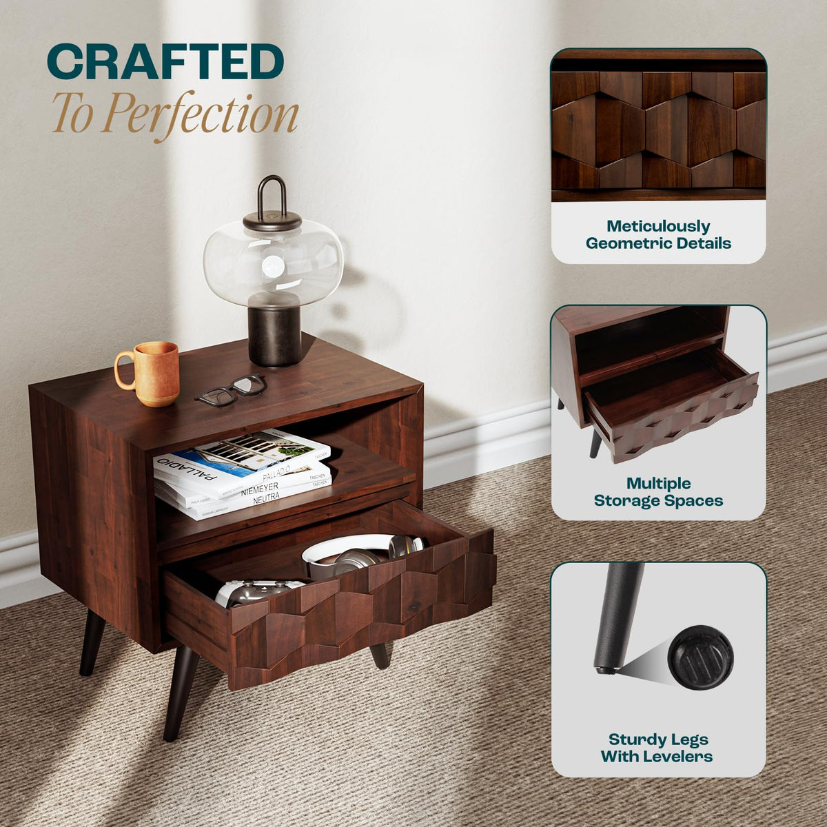 Georgina 1-drawer nightstand with walnut finish and bedside storage; for bedside essentials