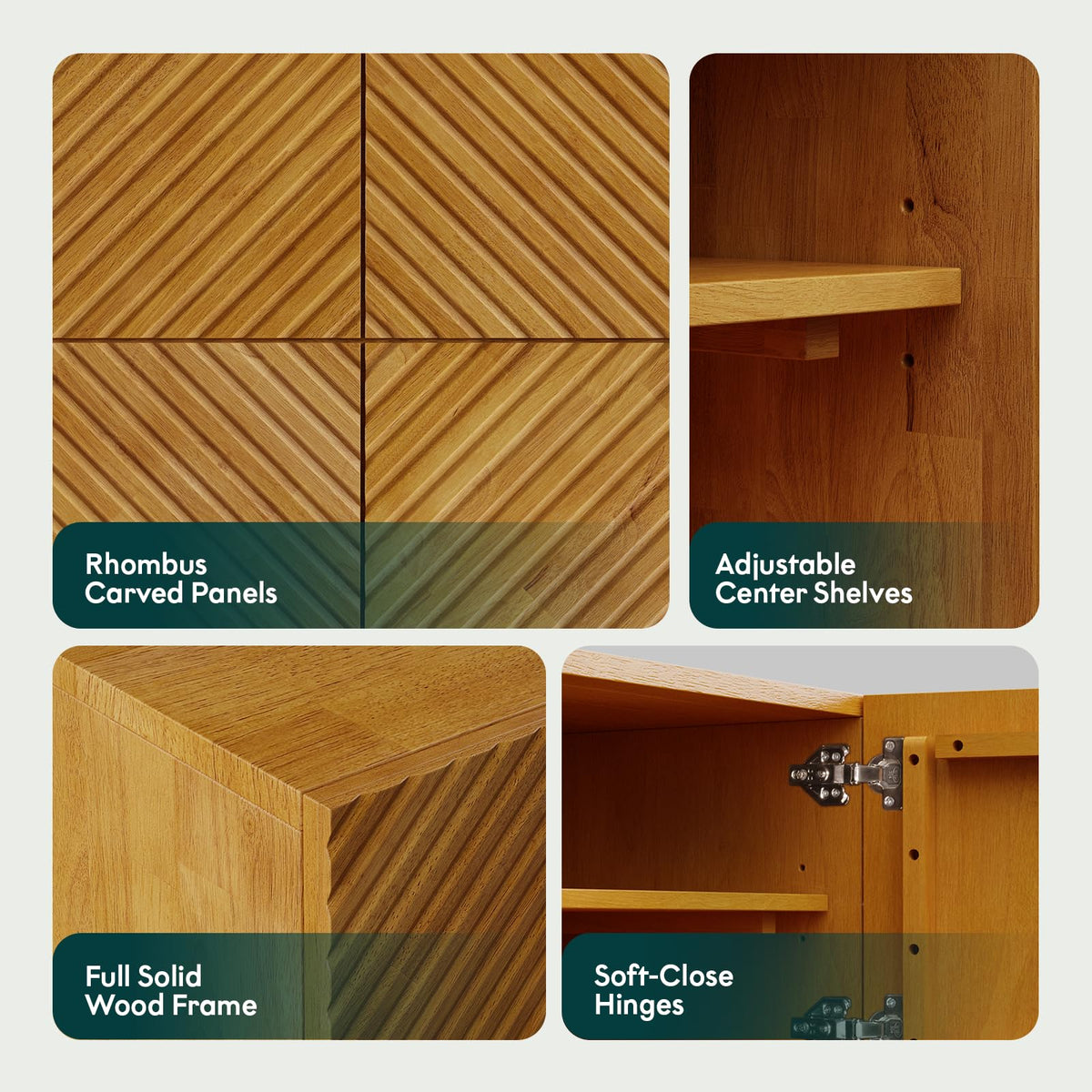 Rhombus TV stand with teak brown finish and media storage for entertainment devices