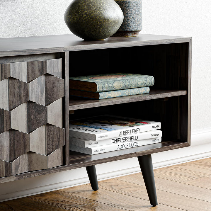 Georgina TV stand with 65-inch design, 2-door, mocha finish, and media storage; for a home entertainment area
