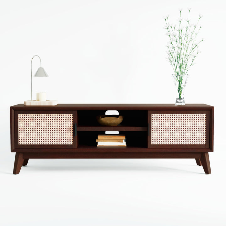 Jasper TV stand with walnut finish and media storage for media storage