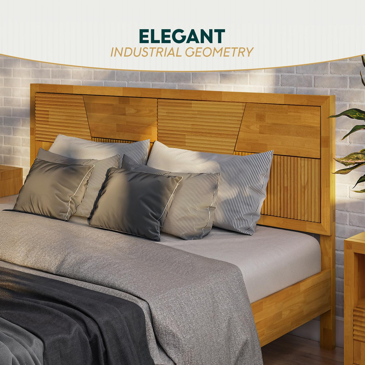 Trapeze king platform bed frame designed with teak brown finish for a coordinated sleep space