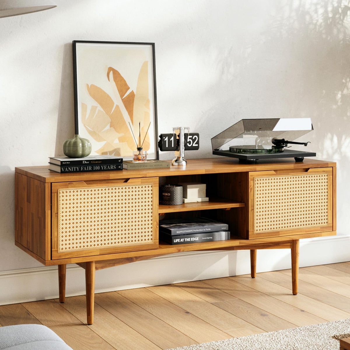 Oliver TV stand with caramel finish and media storage for media storage