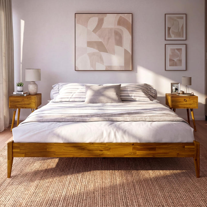 Dinkee king platform bed frame, featuring headboard- design and caramel finish, for a clean bedroom arrangement
