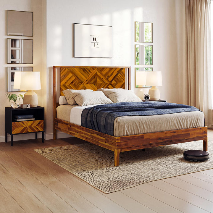Ethan queen platform bed frame, featuring rustic caramel finish, for a platform bed setup
