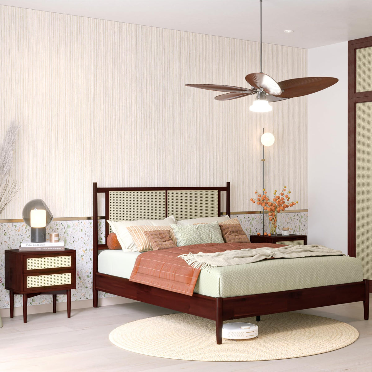 Oliver queen platform bed frame designed with walnut finish for bedroom placement