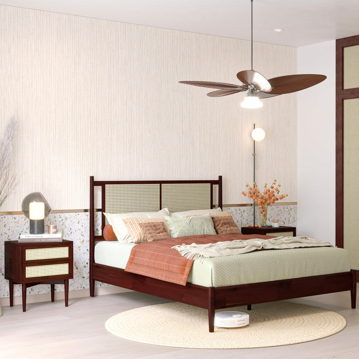 Oliver queen platform bed frame designed with walnut finish for bedroom placement