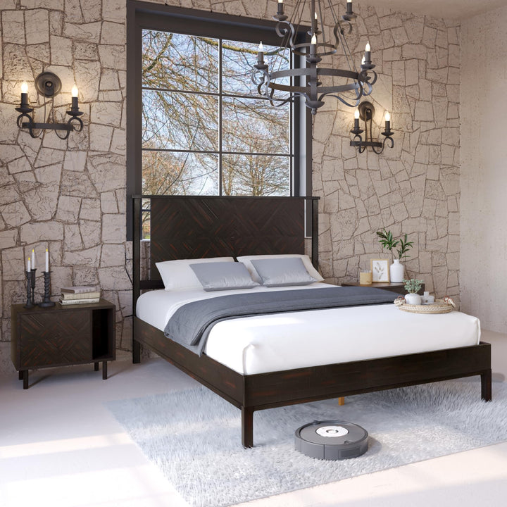 Ethan queen platform bed frame with headboard and rustic black finish; for sleep-space furnishing