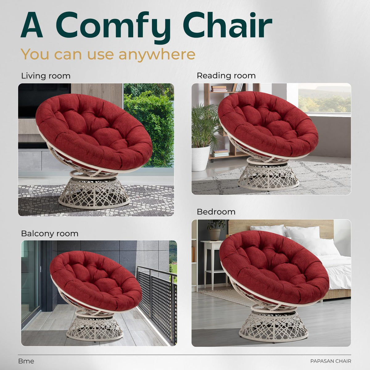 Papasan chair, featuring cherry sangria cushion and white frame, for a lounge area