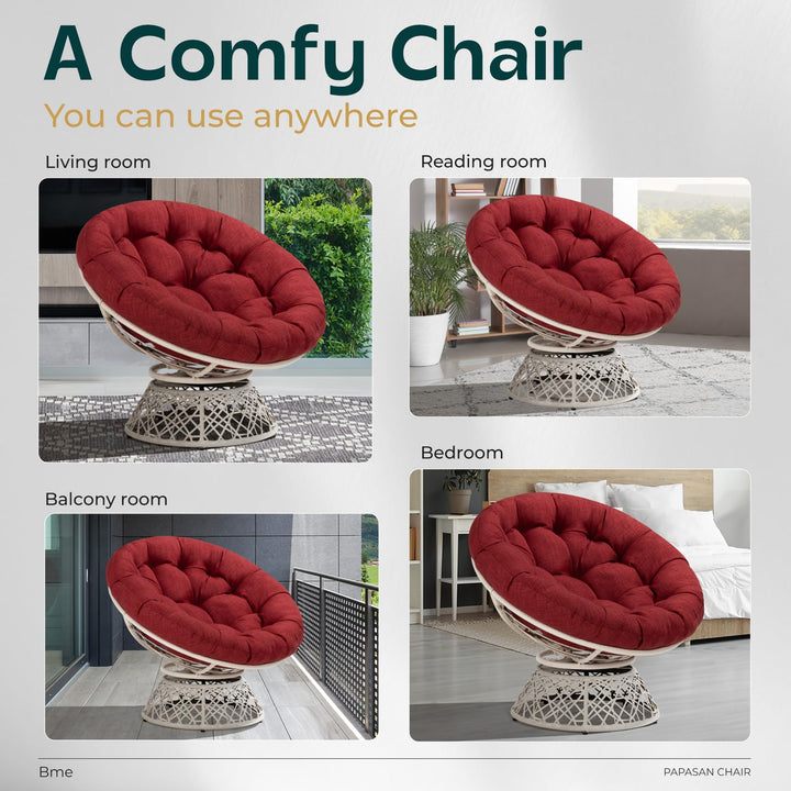 Papasan chair, featuring cherry sangria cushion and white frame, for a lounge area
