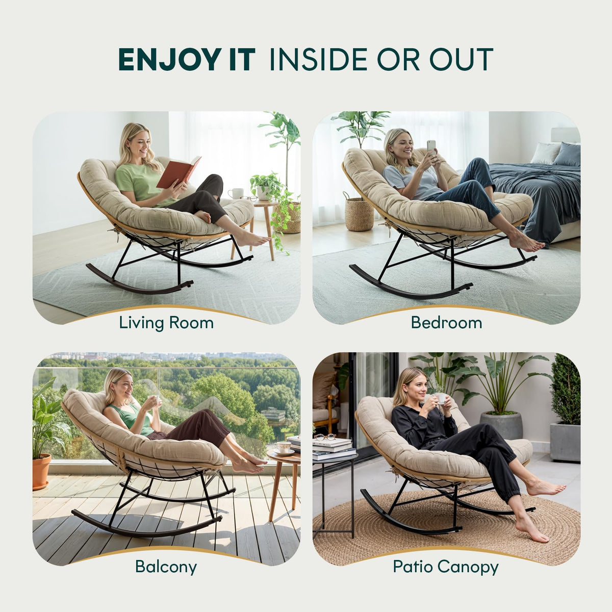 Metal moon rocking chair designed with beige cushion and black matte frame for indoor resting