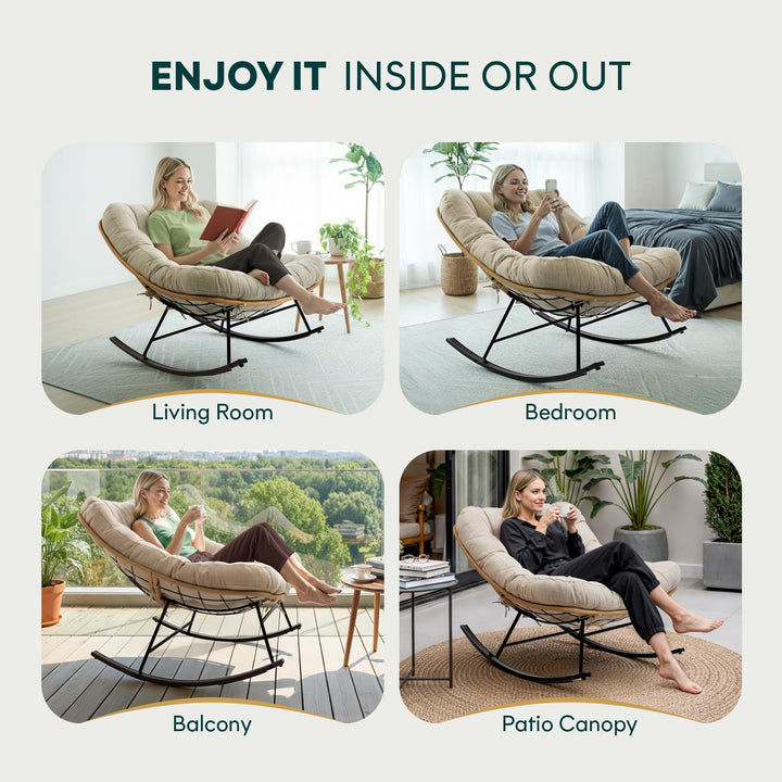 Metal moon rocking chair designed with beige cushion and black matte frame for indoor resting