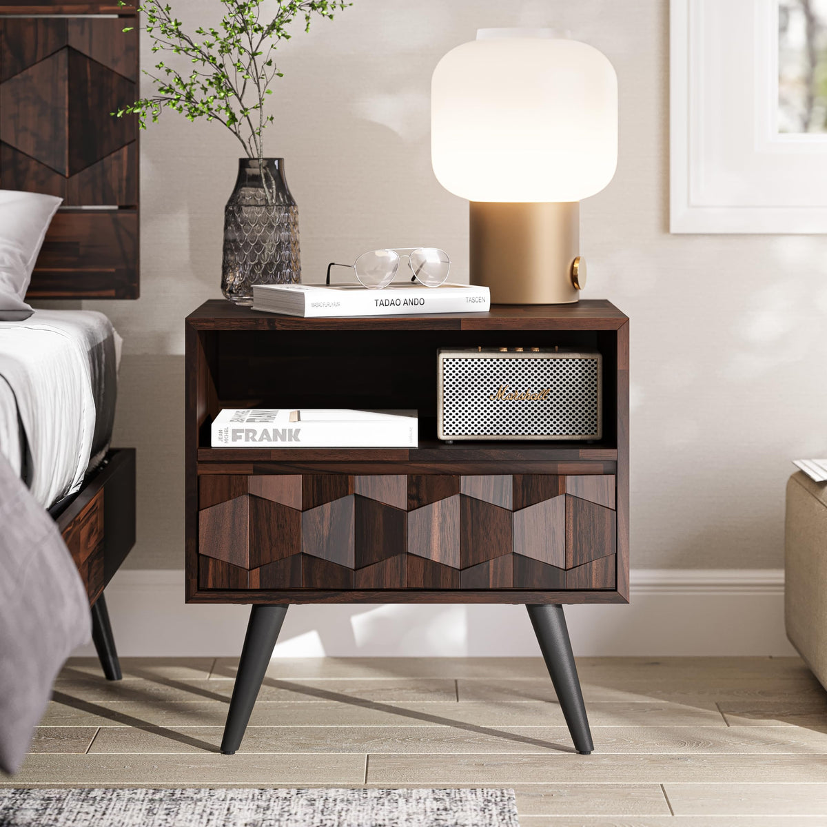 Georgina 1-drawer nightstand with walnut finish and bedside storage for bedside storage