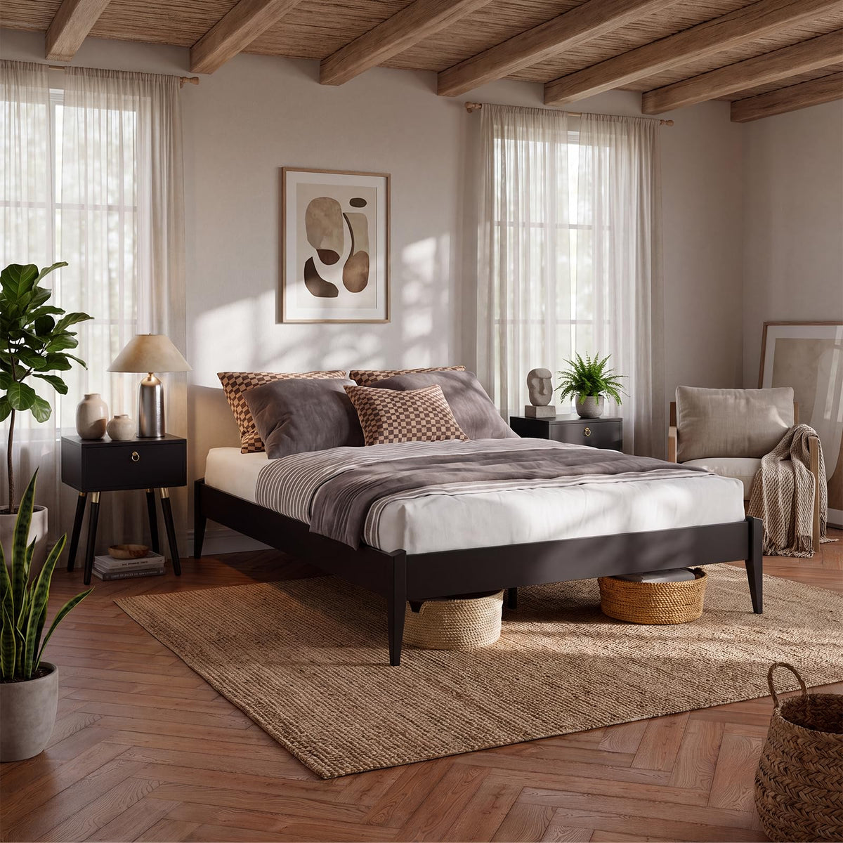 Dinkee queen platform bed frame with headboard- design and black finish for a complete bed arrangement