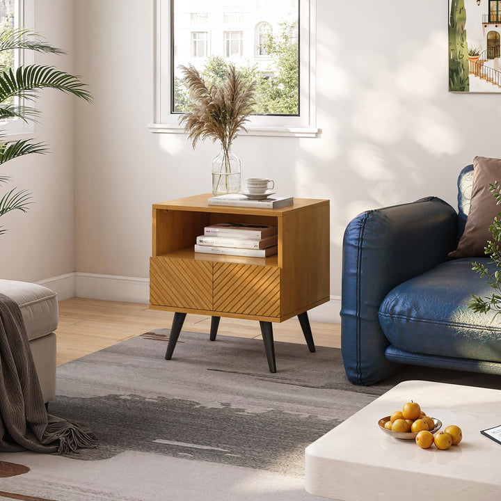 Rhombus nightstand designed with teak brown finish and bedside storage as a bedside table