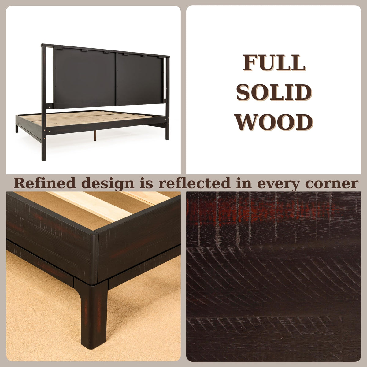 Vivian king platform bed frame with headboard, acacia wood, and rustic black finish for everyday bedroom use