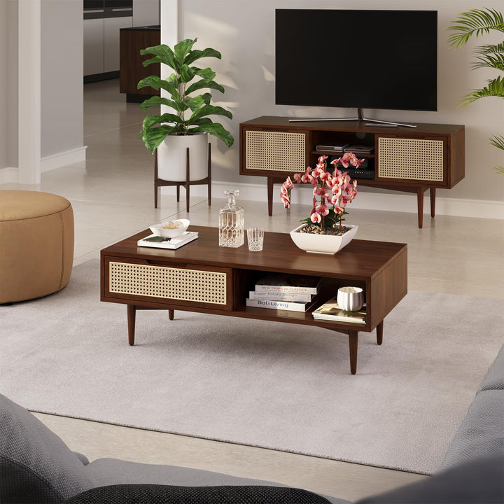 Oliver coffee table with walnut finish and living room table for sofa-side placement