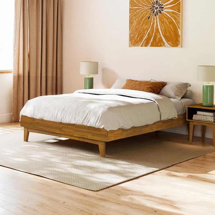 Catherine queen platform bed frame with teak brown finish for bedroom setup