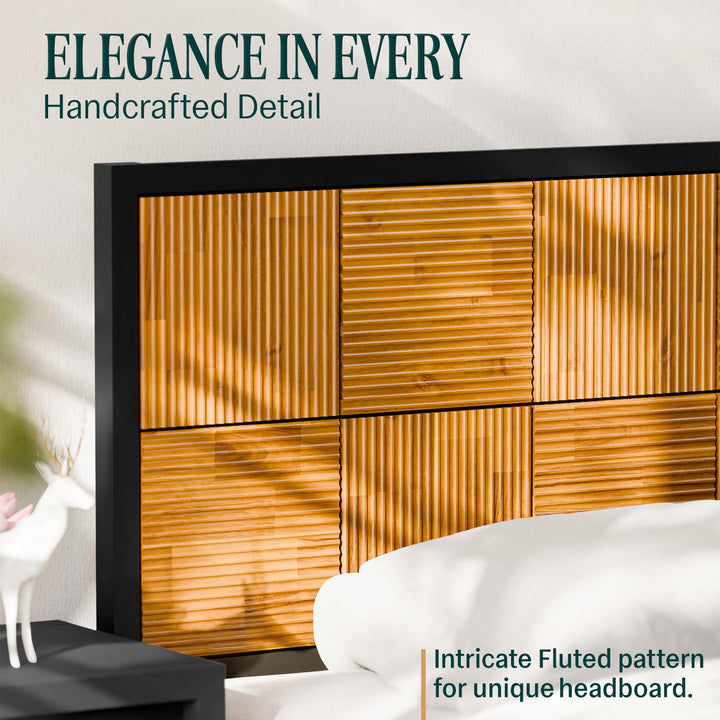 Madia queen platform bed frame with black & teak brown finish for everyday bedroom use