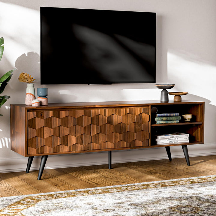 Georgina TV stand with 65-inch design, 2-door, dark chocolate finish, and media storage for media storage
