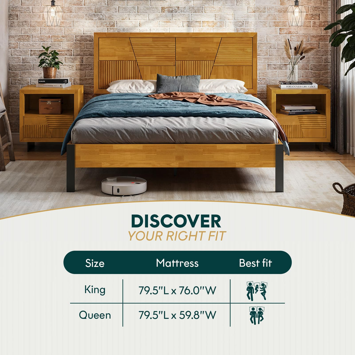 Trapeze queen platform bed frame with teak brown finish; for sleep-space furnishing