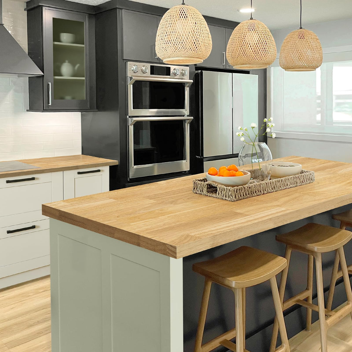 Acacia wood butcher block countertop with 48 in x 25 in x 1.5 in and walnut finish for home projects