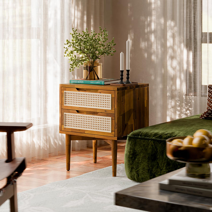 Oliver 2-drawer nightstand with caramel finish and bedside storage for a tidy bedside area