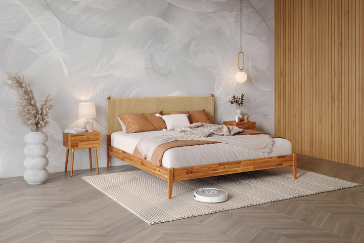 Selina king platform bed frame, featuring caramel finish, for mattress placement