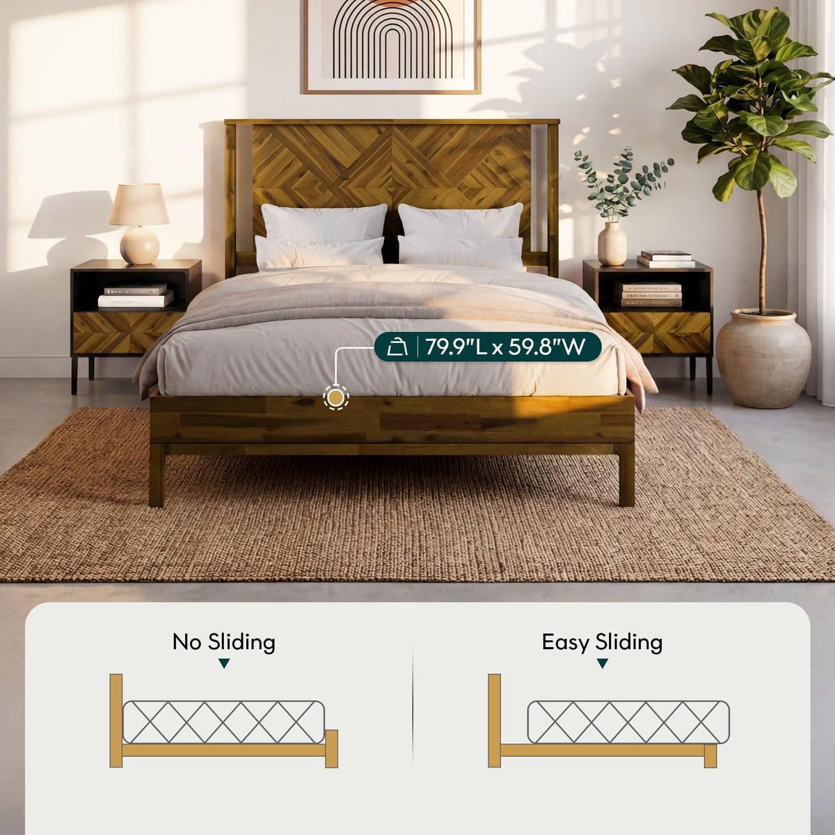 Ethan queen platform bed frame designed with headboard and rustic dark brown finish for bedroom styling