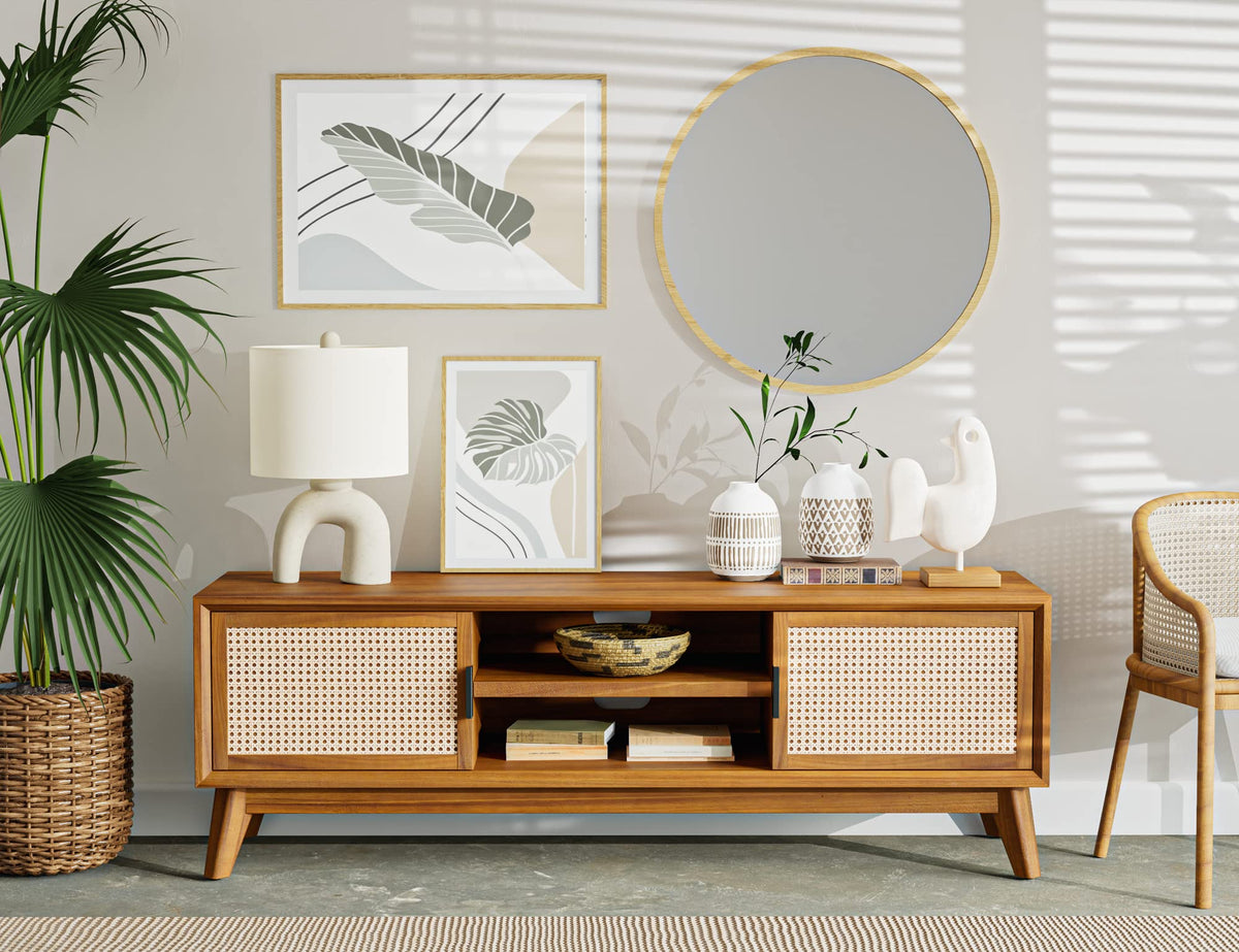 Jasper TV stand, featuring dark chocolate finish and media storage, for media organization