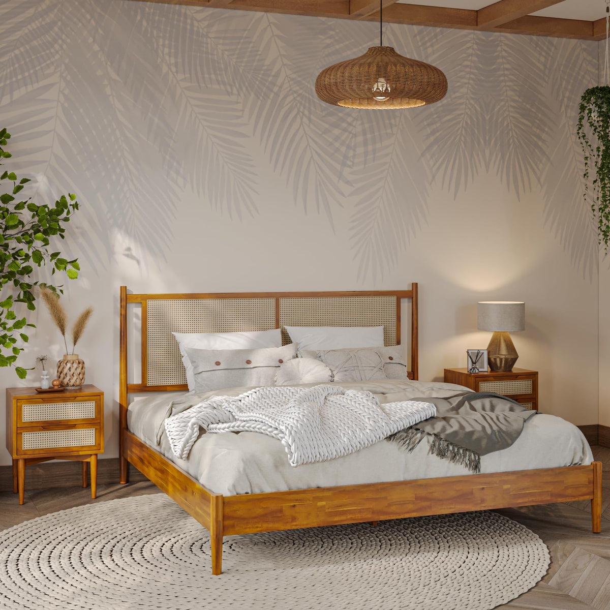 Oliver king platform bed frame with caramel finish; for bedroom furniture