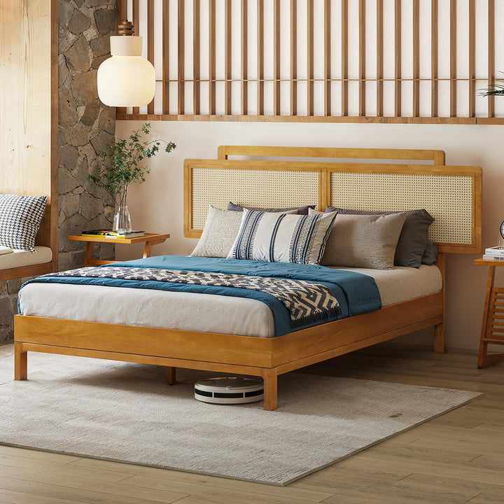 Neil queen platform bed frame, featuring teak brown finish, for mattress placement