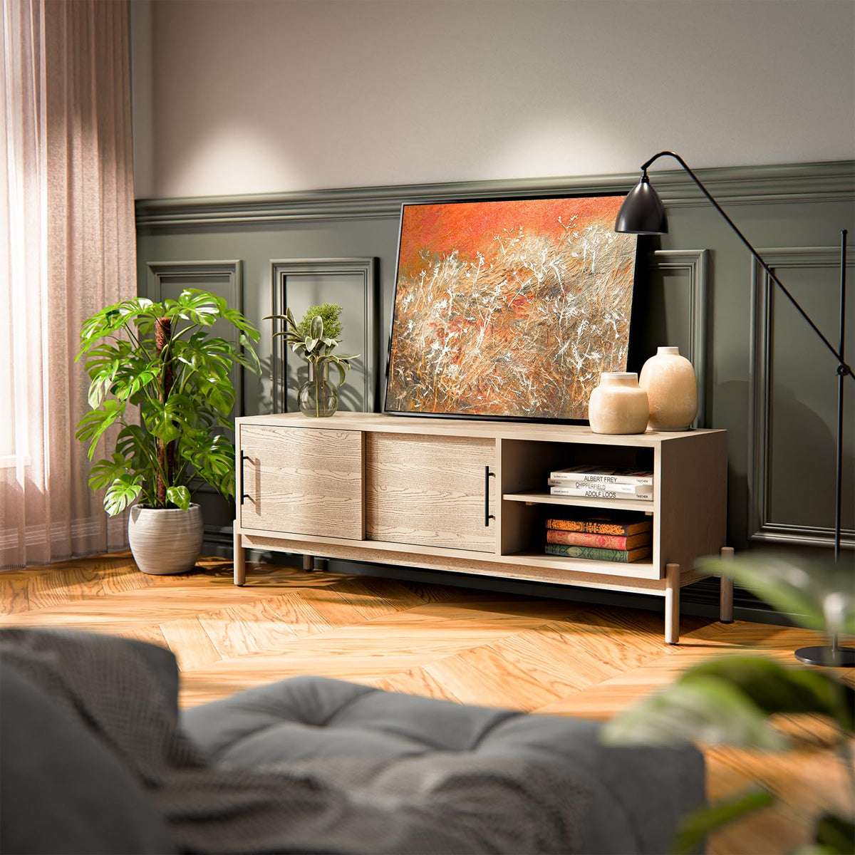 Lyra TV stand with 65-inch design, light grey finish, and media storage for entertainment devices