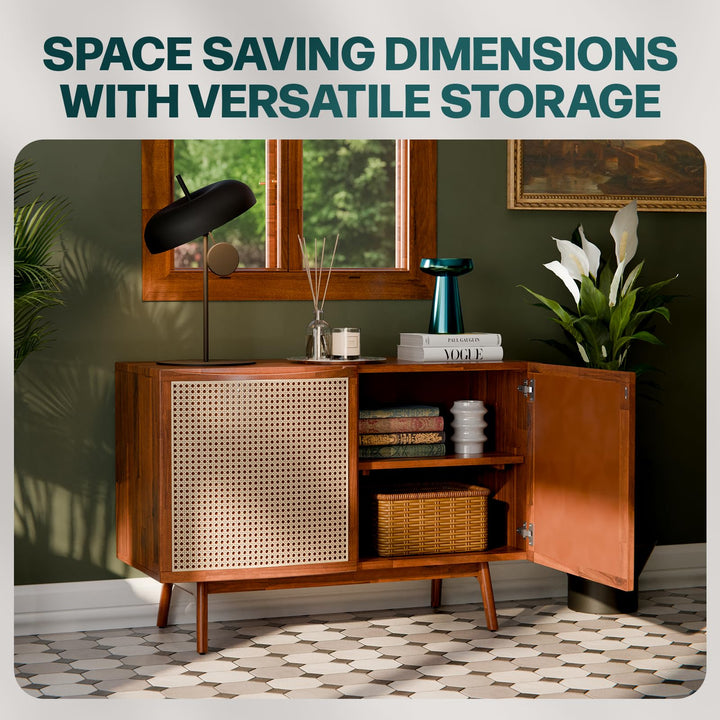 Nancy 2-door storage cabinet with dark chocolate finish and living or dining room storage; for everyday storage