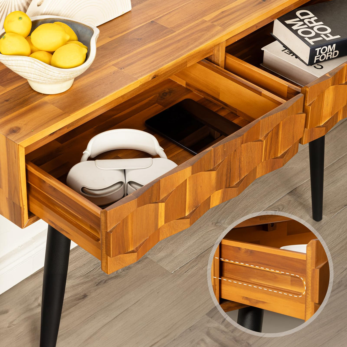 Georgina console table with teak brown finish and entryway table for hallway placement