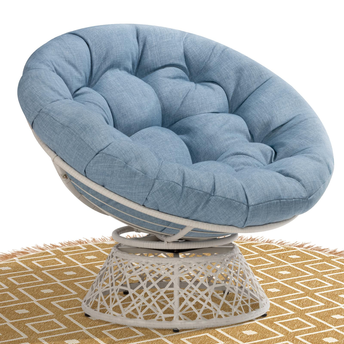 Papasan chair with serene oasis cushion and white frame for indoor lounge seating