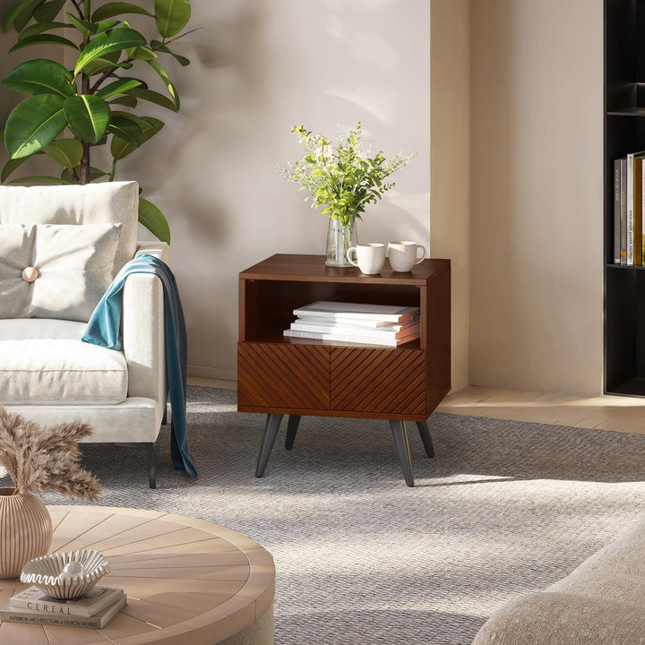 Rhombus nightstand designed with walnut finish and bedside storage as a bedside table