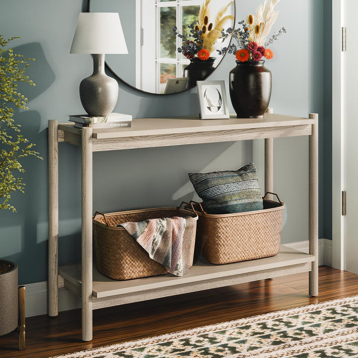 Lyra console table with storage shelf, light grey finish, and entryway table for entryway use