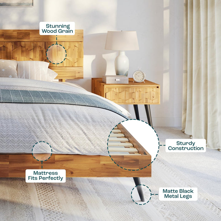 Georgina queen platform bed frame with teak brown finish; for sleep-space furnishing