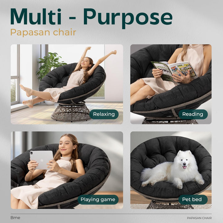 Metal oversized swivel papasan chair with black cushion, gray frame, and oversized swivel design; for reading and resting
