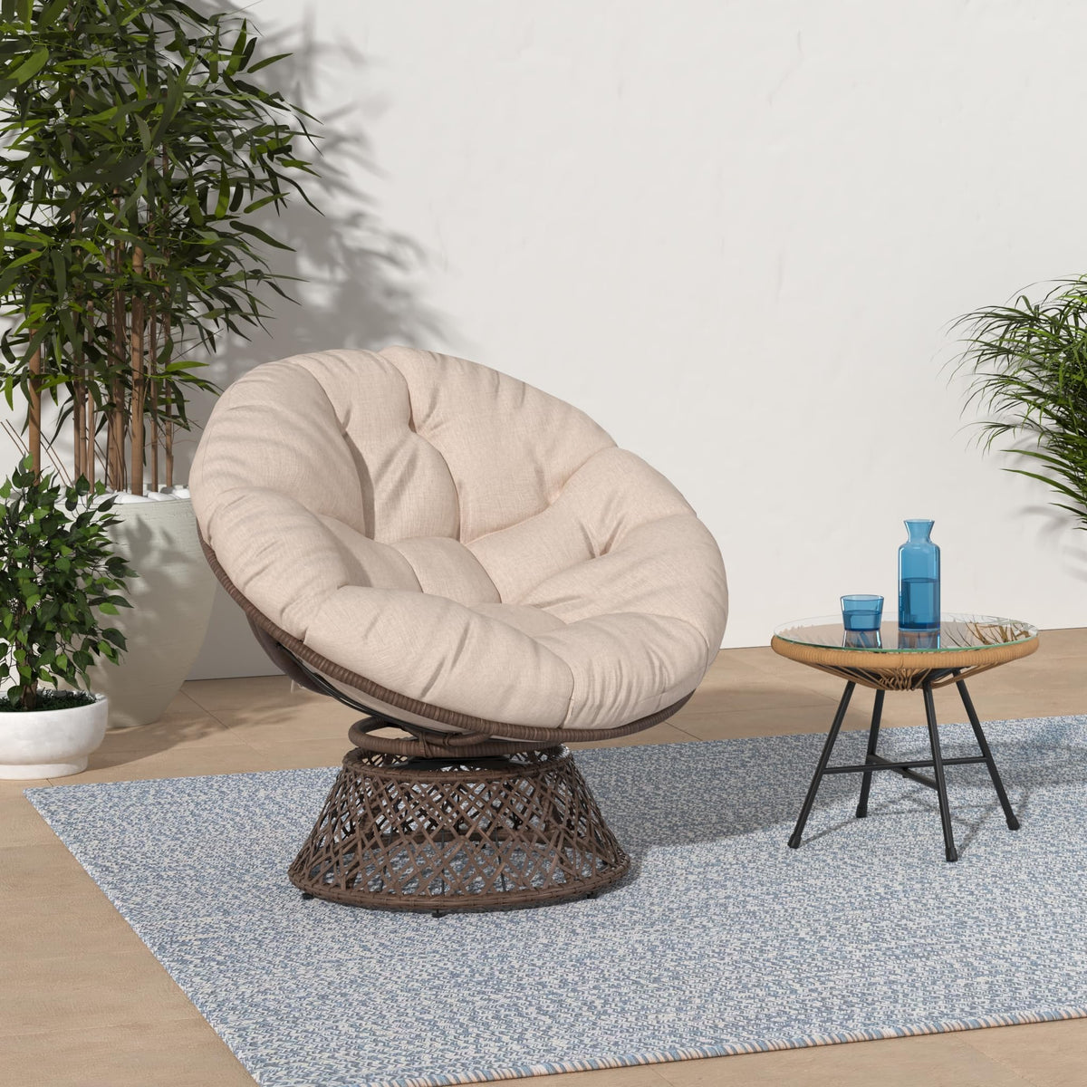 Papasan chair, featuring sepia sand cushion and brown frame, for a reading corner
