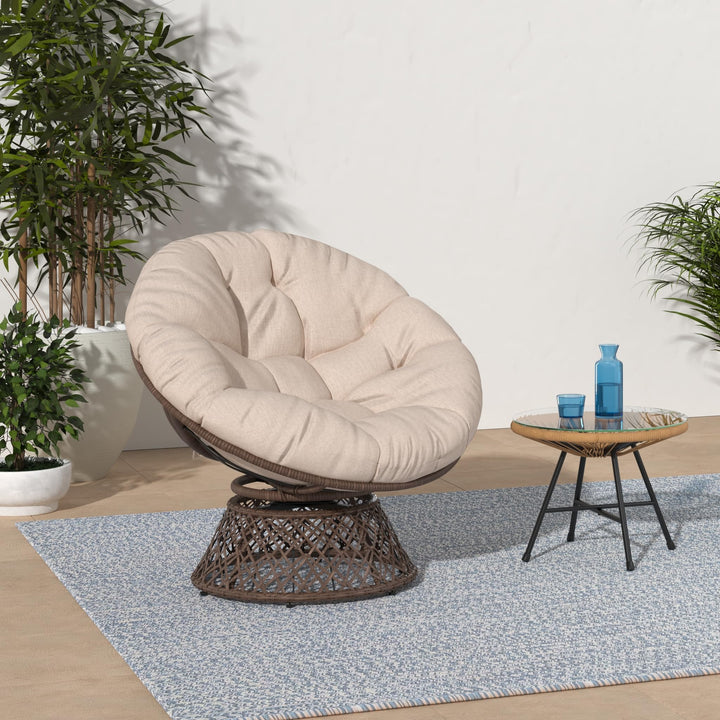 Papasan chair, featuring sepia sand cushion and brown frame, for a reading corner