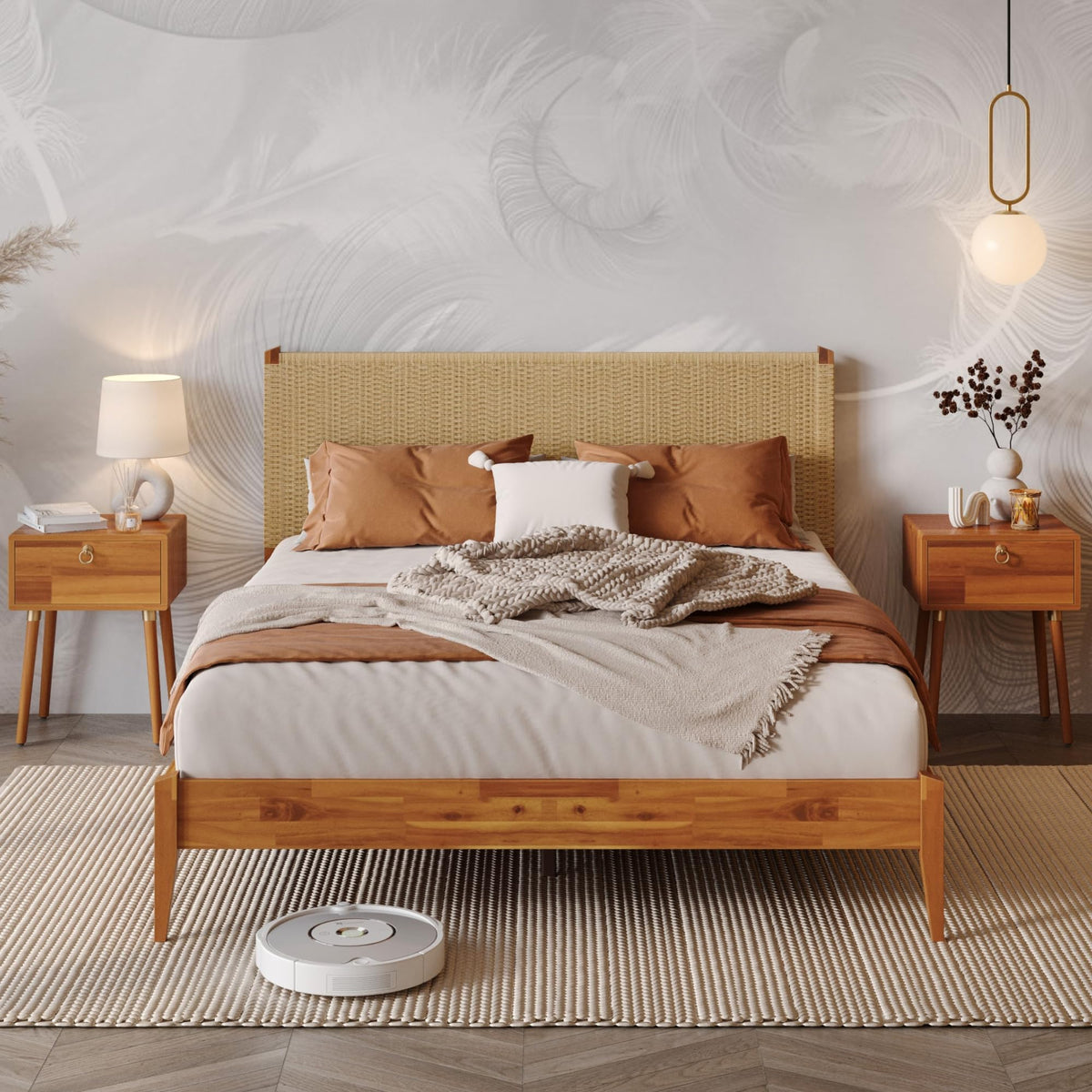 Selina queen platform bed frame with caramel finish for bedroom setup
