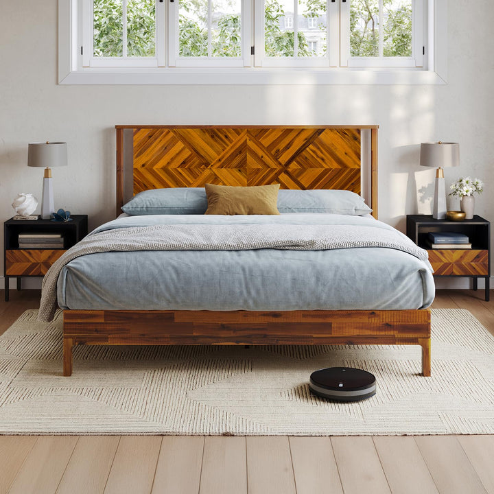 Ethan king platform bed frame with rustic caramel finish for bedroom setup