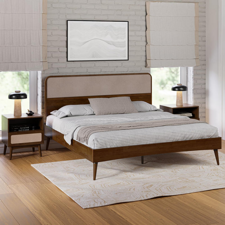 Calista king platform bed frame with chestnut finish for bedroom setup